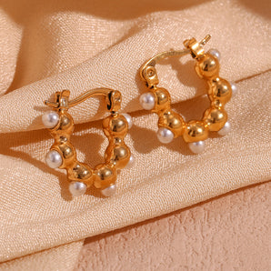 Nihao Wholesale 1 Pair Basic Simple Style Classic Style Irregular Plating Inlay Stainless Steel Artificial Pearls 18K Gold Plated Hoop Earrings