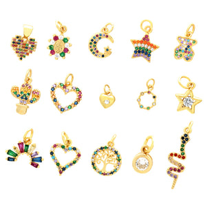 Nihao Wholesale IG Style Elegant Pentagram Moon Heart Shape Copper Plating Inlay Zircon 18K Gold Plated Charms