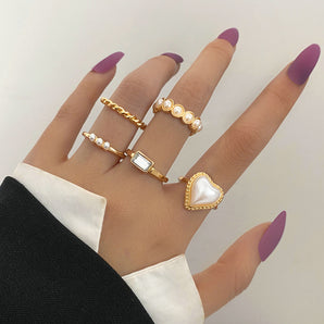 Nihao Wholesale retro inlaid pearl peach heart joint ring set 5-piece set