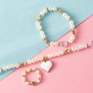 Nihao Wholesale New Fashion Cute Heart Pendant Pearl Bead Necklace Ring Bracelet Children's Jewelry 3-Piece Set