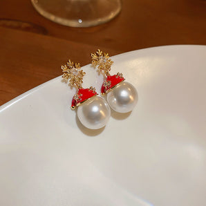 Nihao Wholesale 1 Pair Cute Christmas Hat Gold Plated Copper Artificial Pearls Zircon Gold Plated Ear Studs