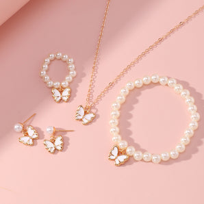 Nihao Wholesale new butterfly pendant pearl bracelet children's ring earrings jewelry set wholesale