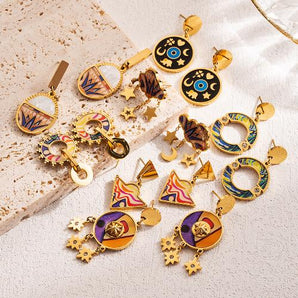 Nihao Wholesale 1 Pair Artistic Triangle Clouds Devil'S Eye Enamel Stainless Steel Shell 18K Gold Plated Drop Earrings