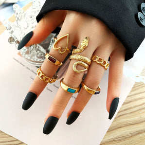 Nihao Wholesale fashion snake-shaped thick chain ring 7-piece set alloy hollow heart ring