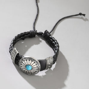 Nihao Wholesale Vintage Style Circle Round Pu Leather Alloy Patchwork Inlay Turquoise Men'S Bracelets