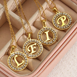 Nihao Wholesale Fashion New Letter Pendant Plated 18K Inlaid Zirconium Hollow round Stainless Steel Necklace