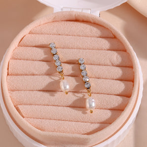 Nihao Wholesale Elegant Square Inlay Stainless Steel Artificial Pearls Zircon Gold Plated Earrings