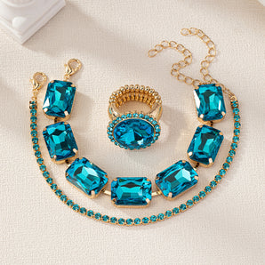 Nihao Wholesale Glam Square Oval Metal Inlay Rhinestones Women's Rings Bracelets Jewelry Set