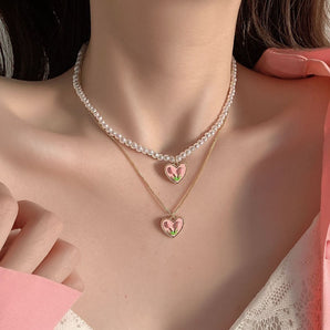 Nihao Wholesale Fairy Style Princess Sweet Tulip Imitation Pearl Alloy Plating Inlay Artificial Crystal Gold Plated Silver Plated Women'S Choker