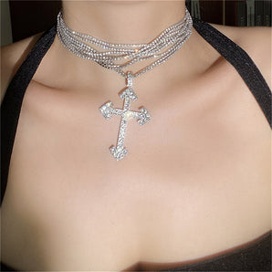 Nihao Wholesale IG Style Casual Vintage Style Cross Silver Plated Rhinestones Stainless Steel Alloy Glass Wholesale Pendant Necklace