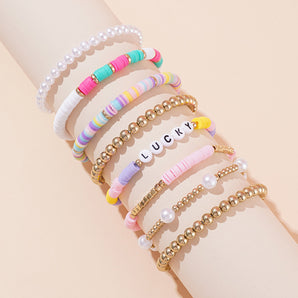Nihao Wholesale Vacation Multicolor Letter Plaid Gold Plated Imitation Pearl soft clay Wholesale Bracelets