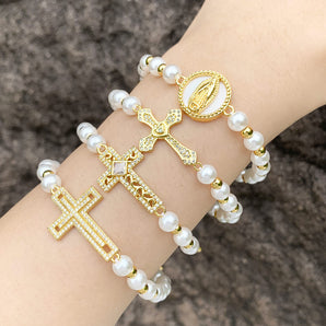 Nihao Wholesale IG Style Fashion Cross Imitation Pearl Copper Beaded Plating Inlay Zircon 18K Gold Plated Women's Bracelets