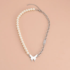 Nihao Wholesale Simple Style Butterfly Stainless Steel Choker Patchwork Pearl Stainless Steel Necklaces