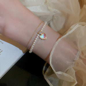 Nihao Wholesale Elegant Heart Shape Flower Shell Mixed materials Plating Inlay Rhinestones Opal Zircon Women'S Bracelets