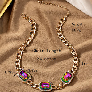Nihao Wholesale Glam Lady Shiny Geometric Alloy Plating Inlay Artificial Gemstones 14K Gold Plated Women's Necklace