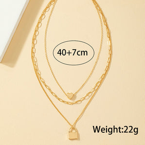 Nihao Wholesale Simple Style Heart Shape Lock Gold Plated Alloy Wholesale Three Layer Necklace