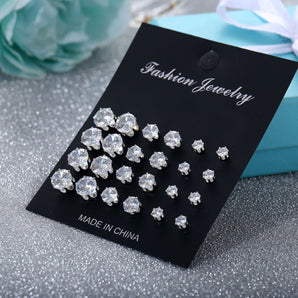 Nihao Wholesale Vintage Elegant Geometric Six-Claw Crystal Zircon Pearl Stud Earrings Set 15 Pairs