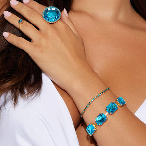 Nihao Wholesale Glam Square Oval Metal Inlay Rhinestones Women's Rings Bracelets Jewelry Set
