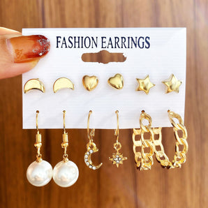 Nihao Wholesale 1 Set Simple Style Star Heart Shape Plating Imitation Pearl Metal Rhinestones Earrings