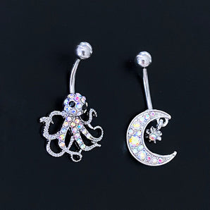 Nihao Wholesale Novelty Streetwear Animal Moon Stainless Steel Plating Inlay Rhinestones White Gold Plated Belly Ring