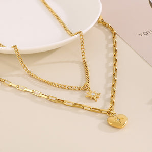 Nihao Wholesale Basic Heart Shape Titanium Steel Inlay Rhinestones Double Layer Necklaces