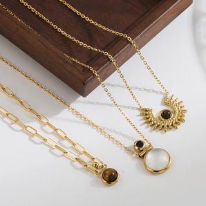 Nihao Wholesale IG Style Simple Style Round Stainless Steel Plating Inlay Natural Stone Gold Plated Pendant Necklace