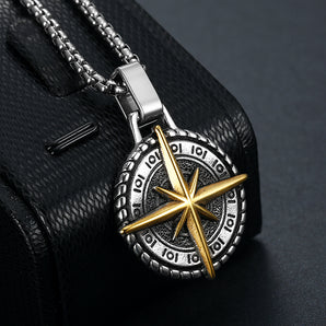 Nihao Wholesale Retro Punk Compass Stainless Steel Carving Men'S Pendant Necklace